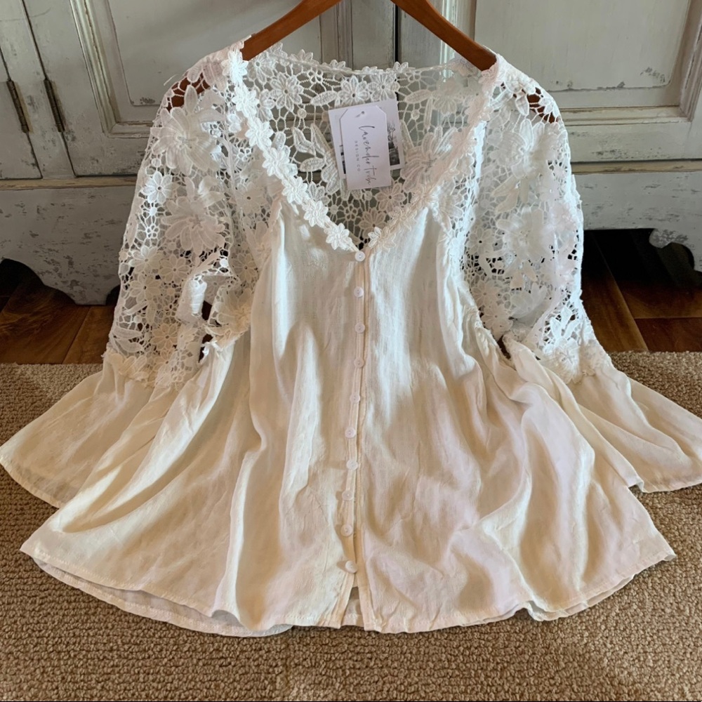 New White Cotton Lace 3/4 Sleeve Button Front Floral Romantic Blouse Top Boho - Picture 4 of 7